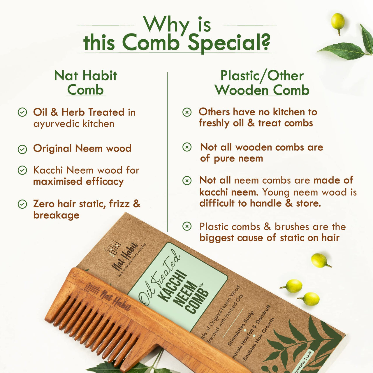 Nat Habit Wide Wooden Kacchi Neem Comb & Neem Bhringraj Hair NutriMask For Hair Growth, Hairfall Control & Hair Smoothening (Combo Pack of 3)