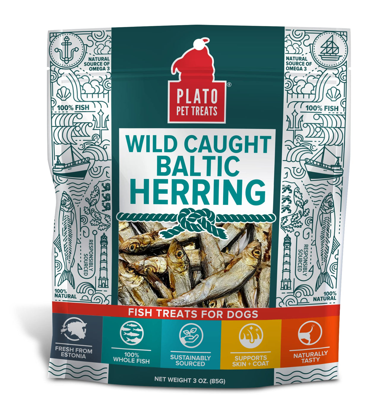 PLATO Baltic Herring Dog Treat - Real Fish - Air Dried - Grain-Free - Baltic Herring, 3 Ounces, Natural