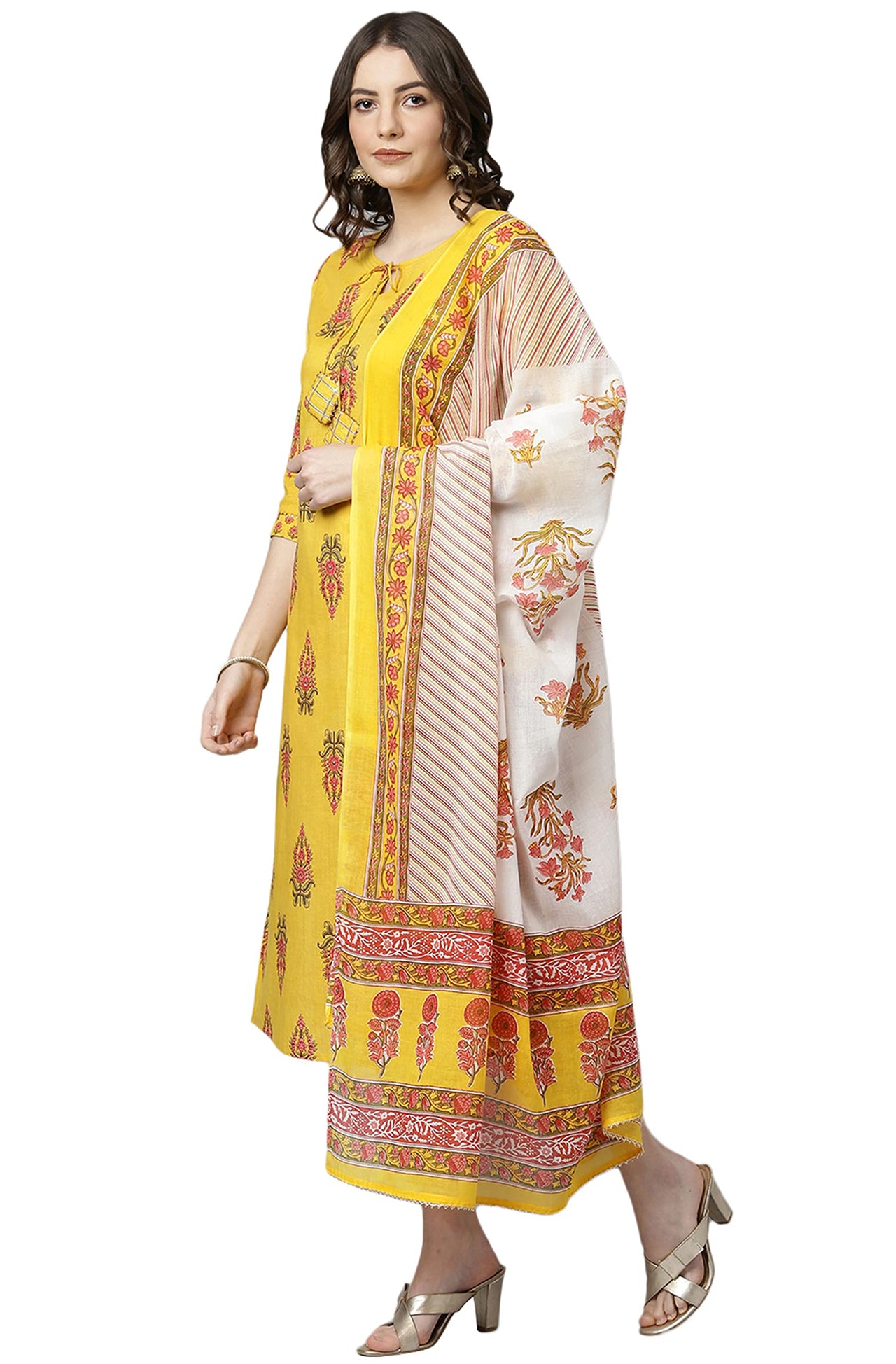 Janasya Women's  Yellow Cotton Kurta with Pant and Dupatta