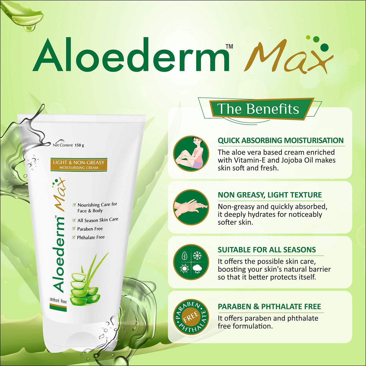 Aloederm Max Light & Non-Greasy Moisturizing Skin Cream - 150g | All Season Skin Care | Paraben Free | Phtlalate Free | Non Greasy, Light Texture | Enriched with Vitamin-E & Jojoba Oil