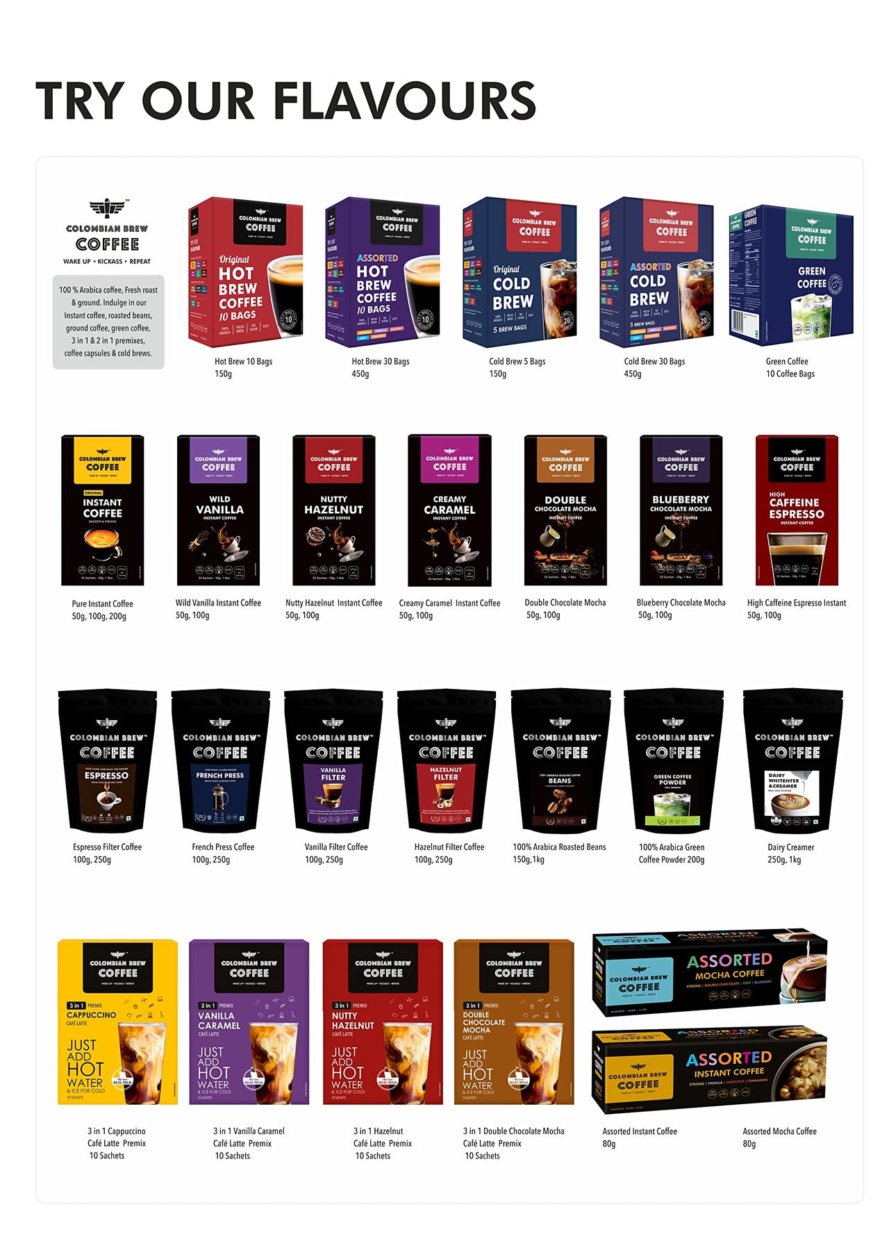 Colombian Brew Coffee Powder High Caffeine Espresso Instant 50g, Vanilla Instant 50g, Hazelnut Instant 50g, Buy 2 Get 1 Free