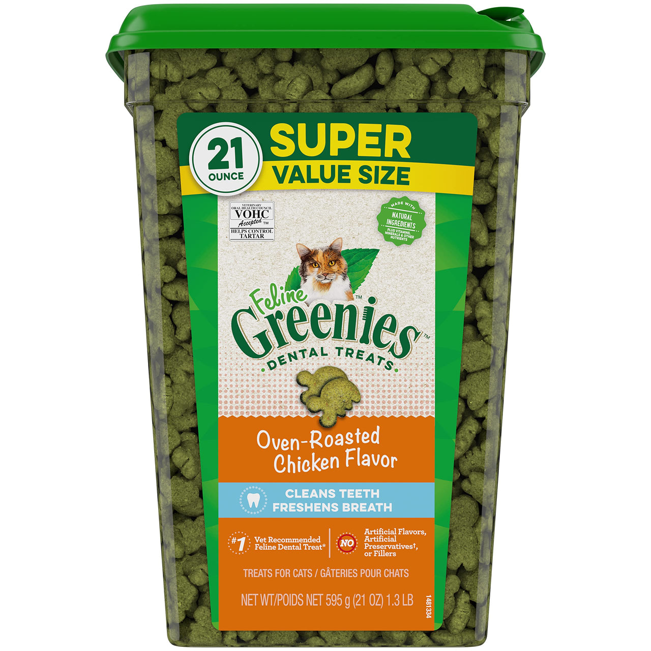 Greenies Feline Adult Natural Dental Care Cat Treats Oven Roasted Chicken Flavor, 21 oz. Tub 1.31 Pound (Pack of 1)