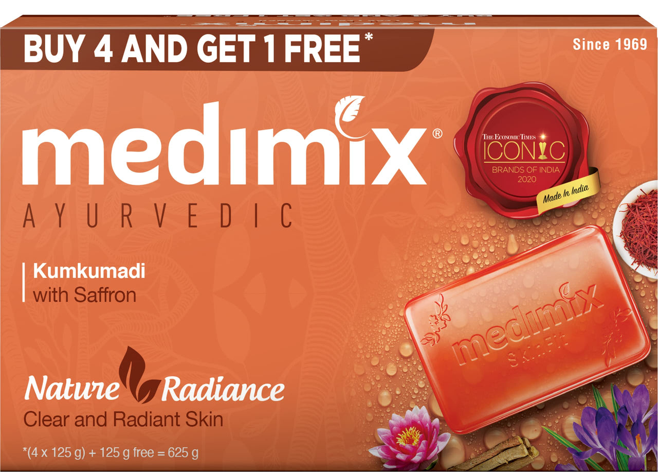 Medimix Ayurvedic Kumkumadi Bathing Soap Bar With Saffron|Kesar|For Moisturising & Radiant Glow|Herbal|Natural|Paraben-Free & Sulphate-Free|100% Vegan|125Gm(Buy 4 & Get 1 Extra Combo Pack)
