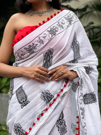 Shivanya Handicrafts Cotton Mulmul Saree for Women Attached Pom Pom Lace Red & Black 1