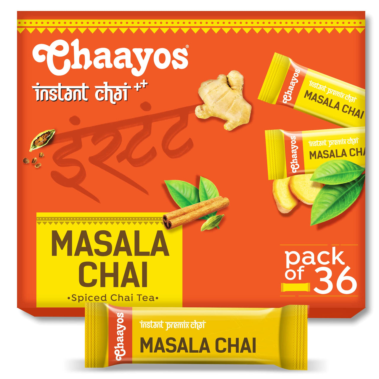 Chaayos Instant Tea Premix - Masala Chai Flavour - Regular Sugar (14 Grams * 36 Sachets) (Makes 504g) | Masala Tea Powder | Premix Tea | Masala Chai | Assam Tea | Desi Chai