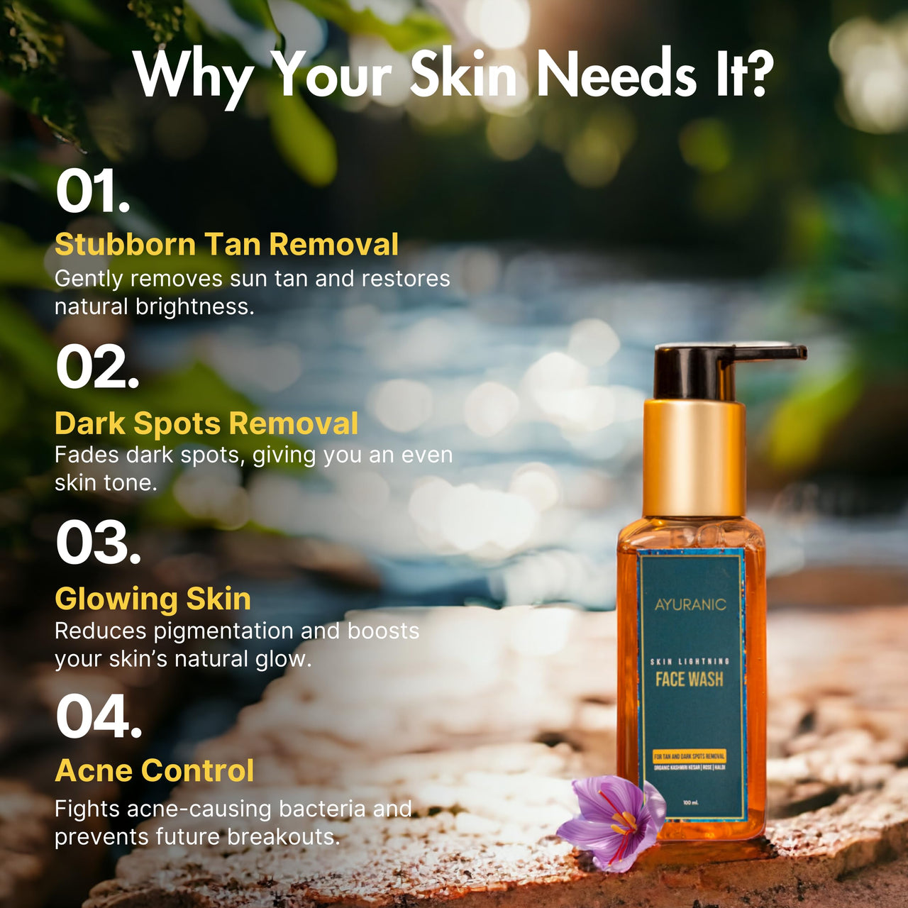 Ayuranic Tan & Dark Spots Removal Ayurvedic Face Wash For Glowing & Even Skin Tone | Kumkumadi Oil, Rose Water, Turmeric For Oily & Acne Prone Skin | Ayush Certified | (11 Natural Herbs, 100 ml)