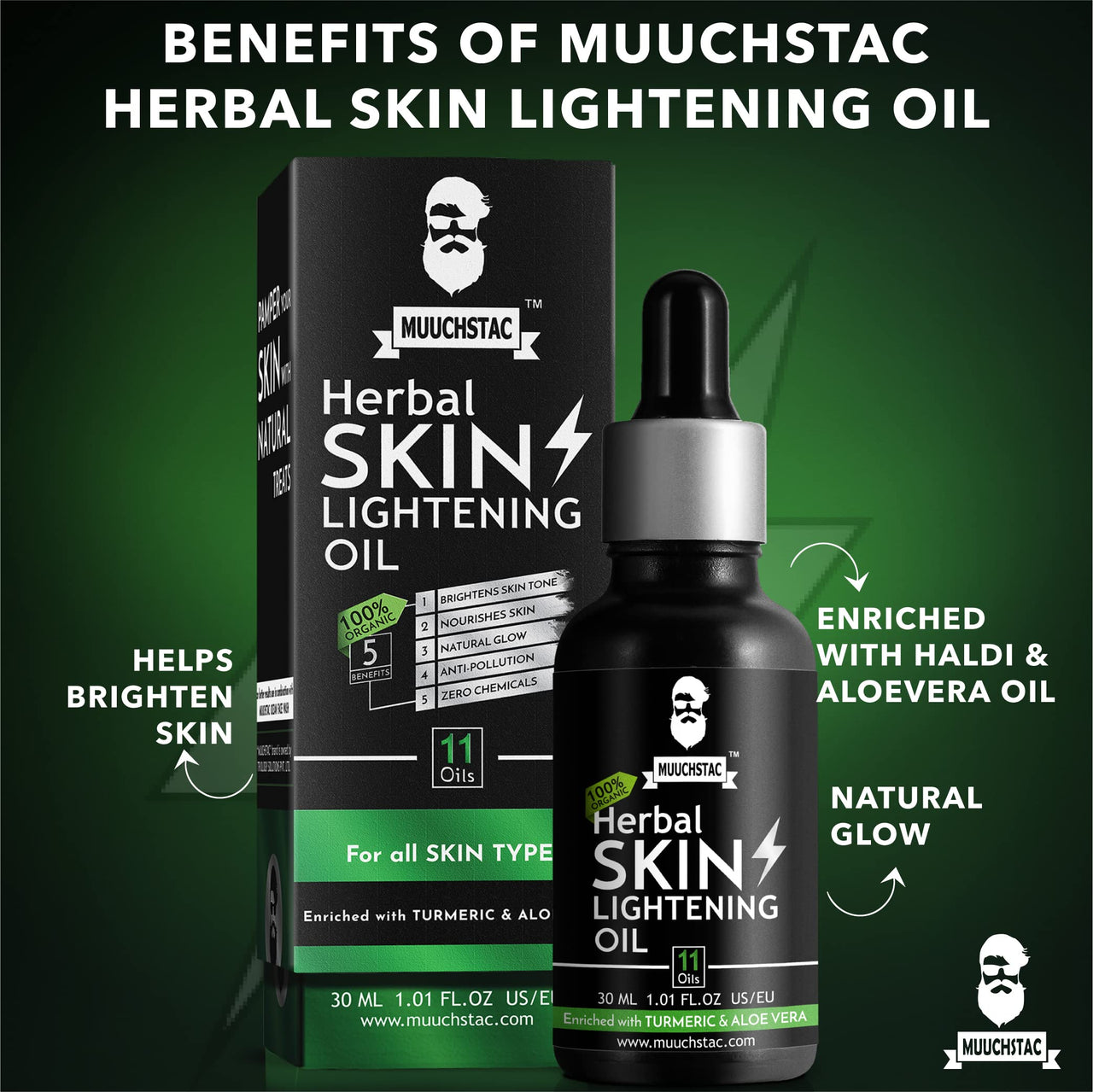 Muuchstac Herbal Skin Lightening Face Oil for Men | Bright & Even Skin Tone, Deeply Hydrates & Nourishes Skin, Promotes Healthy Skin Glow | 30 ml