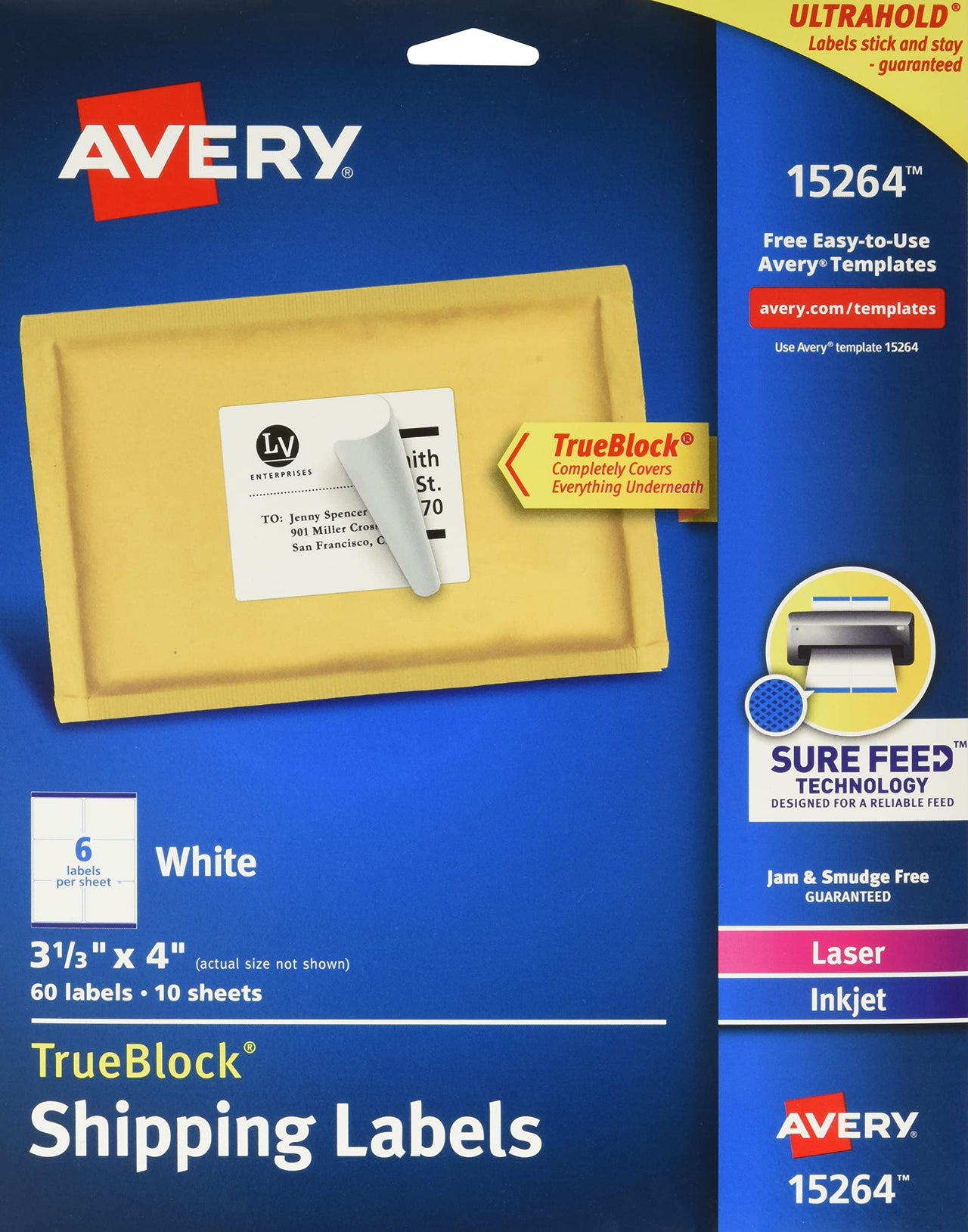Avery TrueBlock Shipping Labels, Sure Feed, Permanent, 3-1/3" x 4", White, 2 Pack, 120 Labels Total (32134)