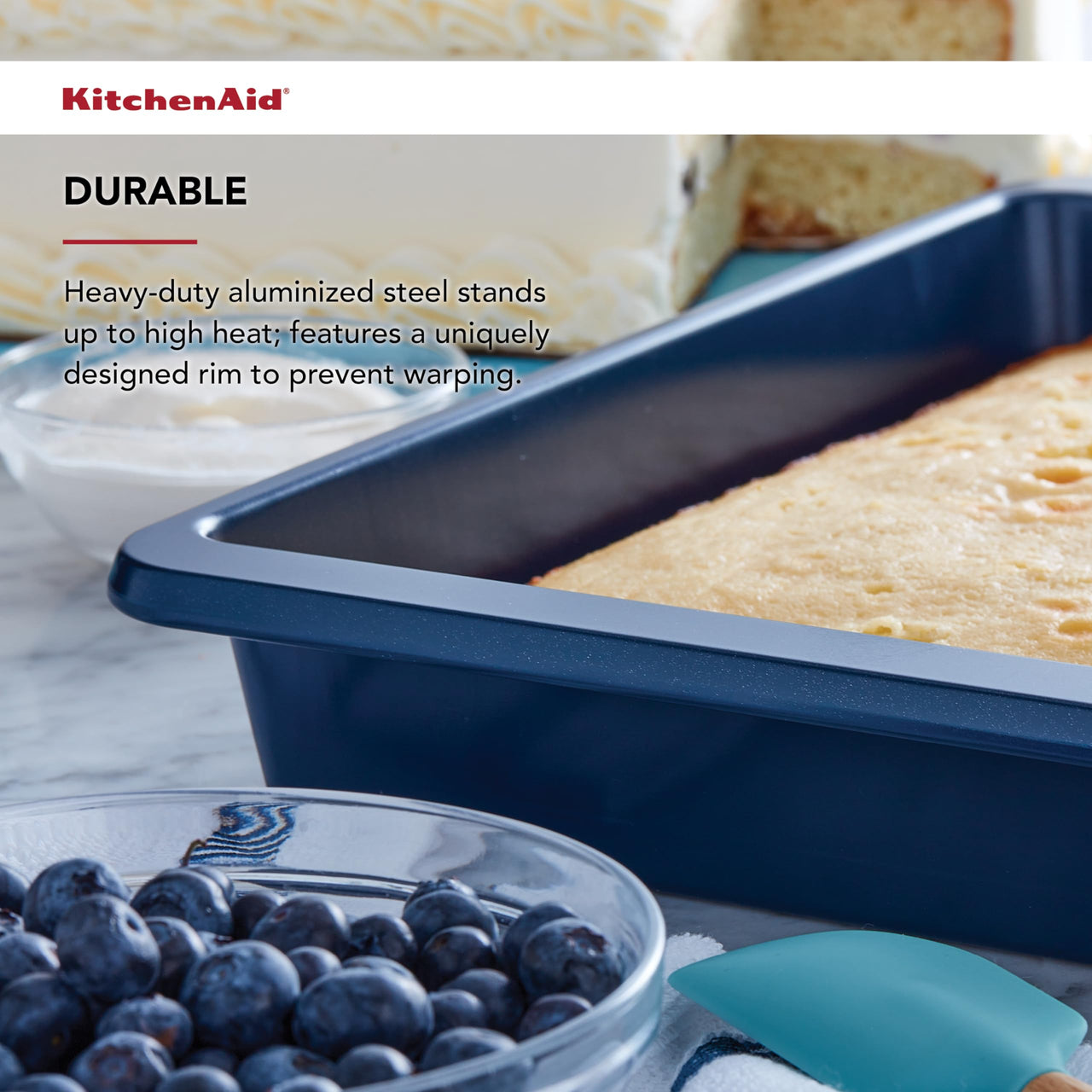 KitchenAid 9 x 13-In Nonstick Swiss Engineered Aluminized Steel Cake Pan, Dishwasher Safe, Ink Blue 9x13in