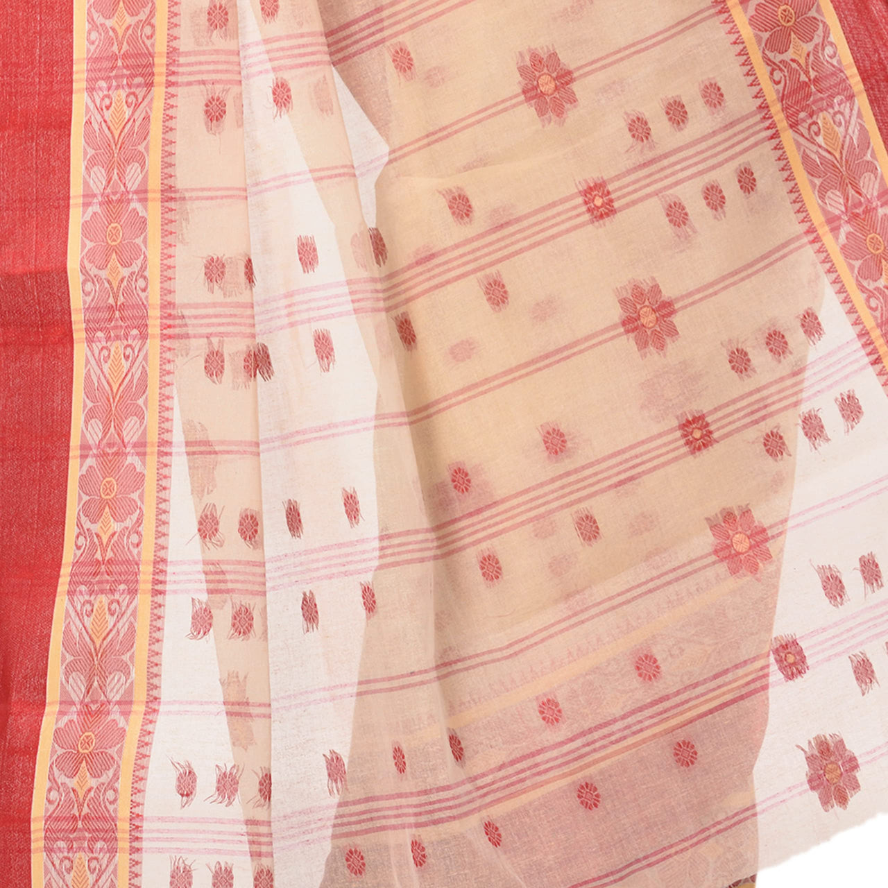 dB DESH BIDESH Women`s Traditional Bengal Phulkoli Woven Design Pure Handloom Cotton Saree Without Blouse Piece White Red
