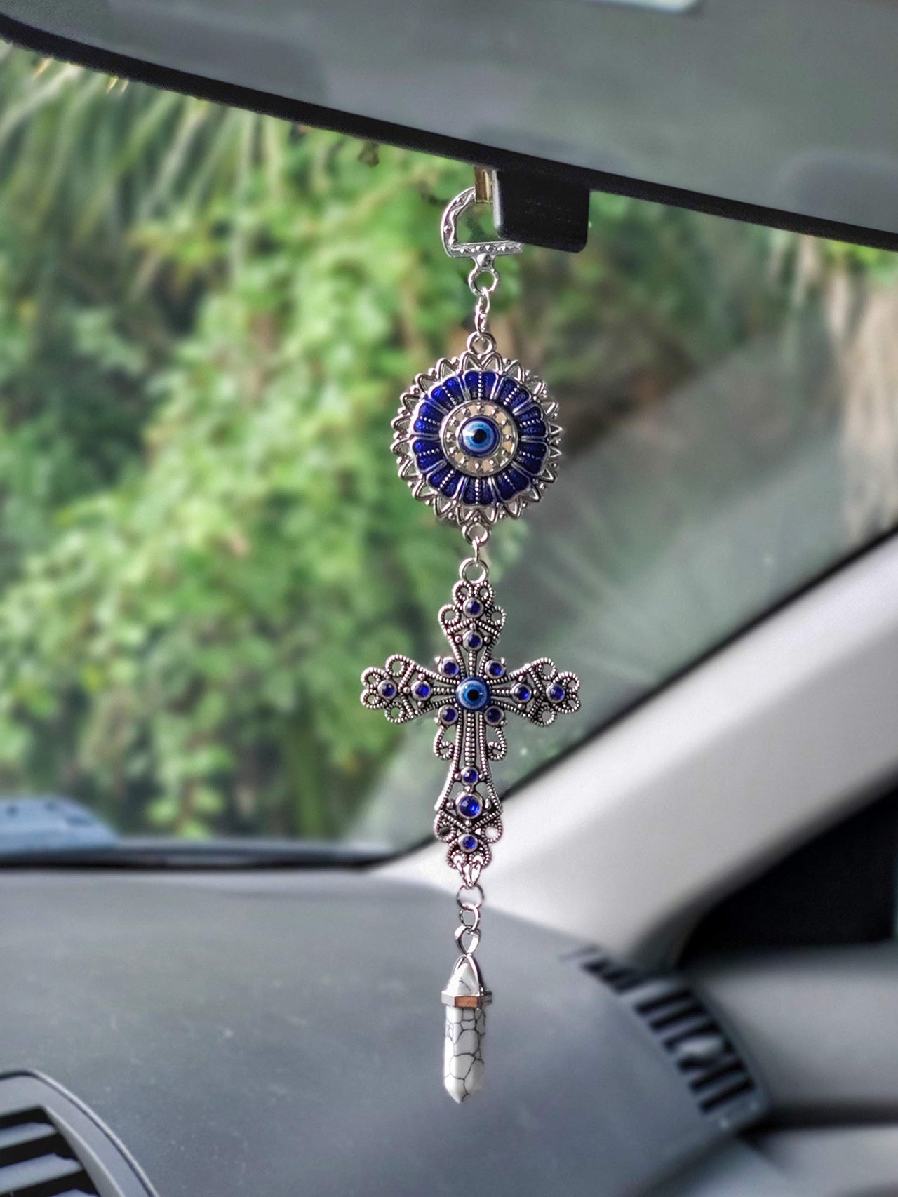 LUCKBOOSTIUM Blue Crystal Inlayed Cross & Blue Mandala Evil Eye Amulet w/Hanging Healing Stone - Nature, Energy, Rebirth, Growth Charms - Car & Home Lucky Charm Ornament (2"x8", White Turquoise)