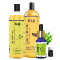 Rey Naturals Castor Oil for hair growth + Olive Oil for Skin & hair + Tea Tree Essential Oil Set | Hair Growth Oil and Essential Oil | Moisturizes, Repairs And Strengthens Hair | 200ml *2 + 15ml