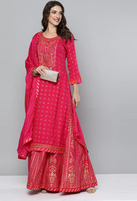 LYMI LABEL Rayon Embroidered Foli Printed Stitched Kurta Skirt set with Gota patti Dupatta