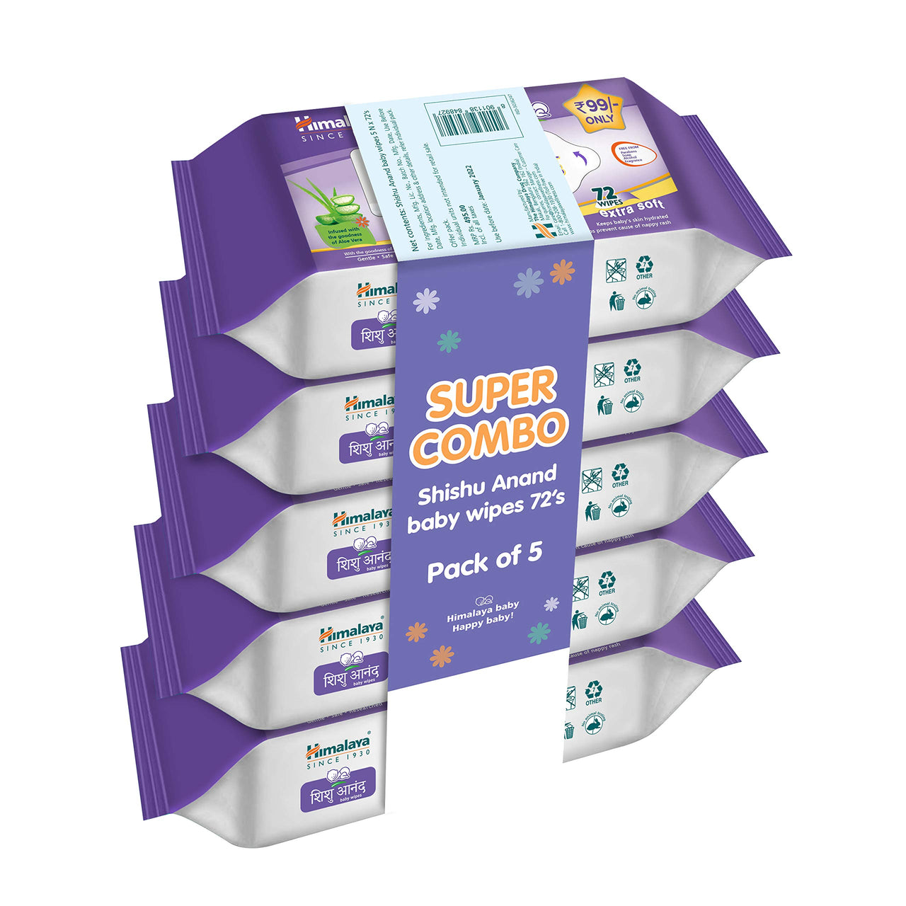 Shishu Anand Baby Wipes with Aloe Vera & Licorice, 72 Wipes (Pack of 5) | pH Balanced | Gentle on Skin | Clinically Tested