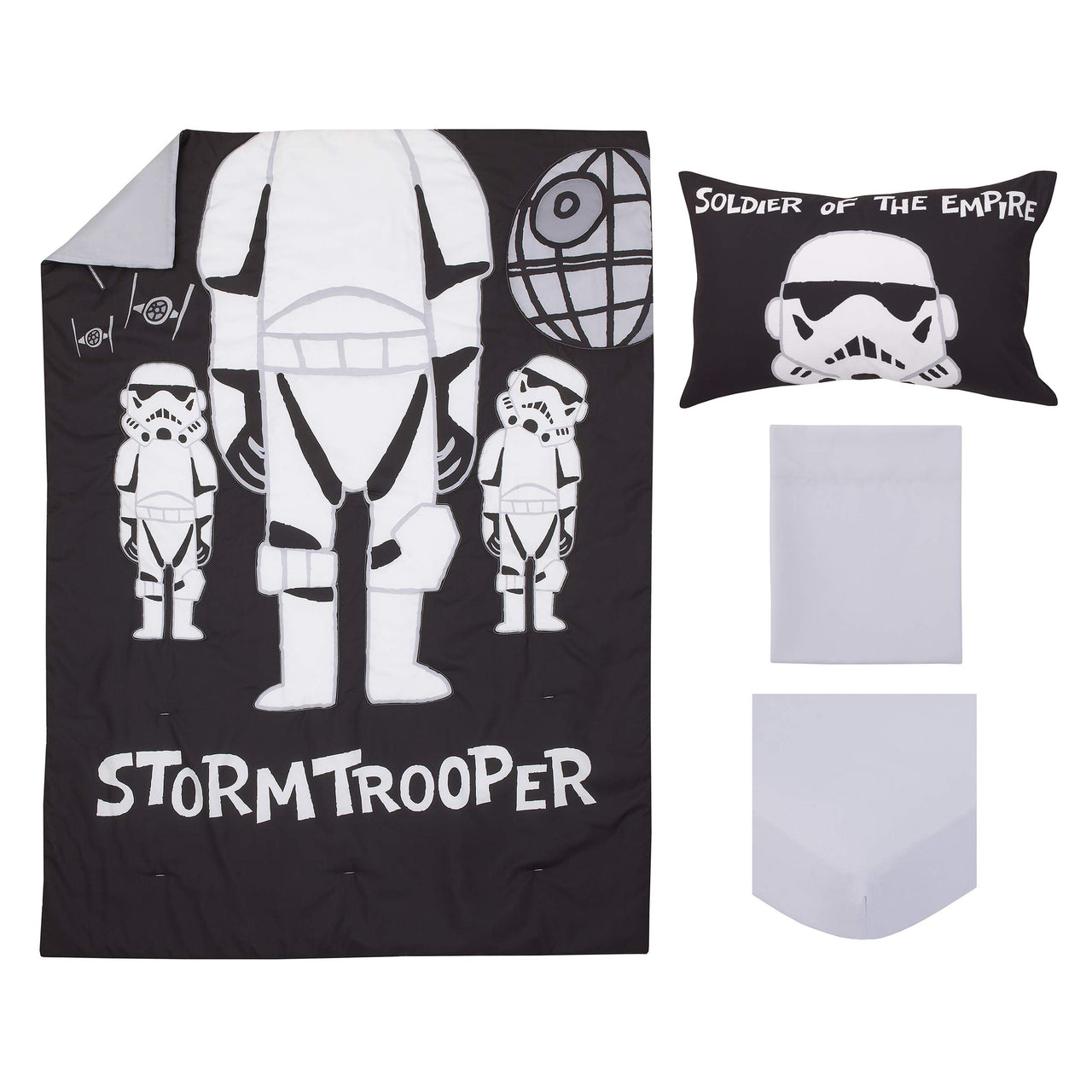 Star Wars Storm Trooper Black and White 4 Piece Toddler Bed Set - Comforter, Fitted Bottom Sheet, Flat Top Sheet, and Reversible Pillowcase