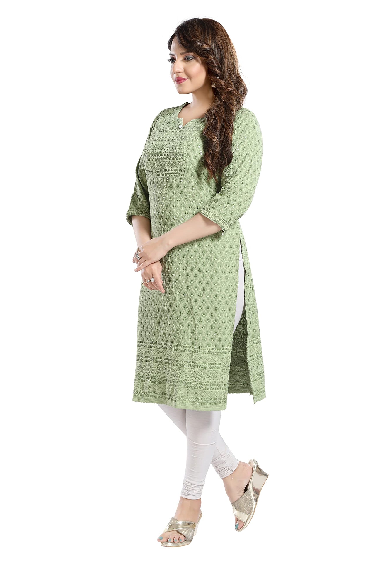 QUEEN SHIELD Women's  Knee Length Rayon Chikan-Kari KurtaKurti (QS_6631)