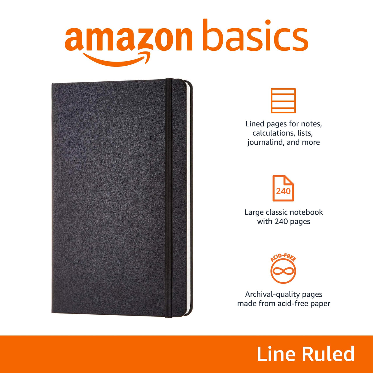 Basics Classic Notebook, Line Ruled, 240 Pages, Black, Hardcover, 5 x 8.25-Inch