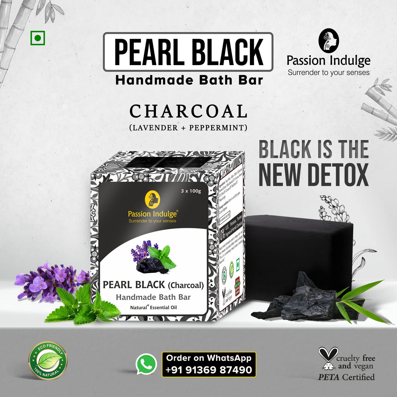 Passion Indulge Handmade Soaps Natural Bath Bar- (Charcoal) Pearl Black and Rose Couple Combo Pack For All Men & Women | All Skin Type | Essential Oil | Vegan (Pack Of 6)