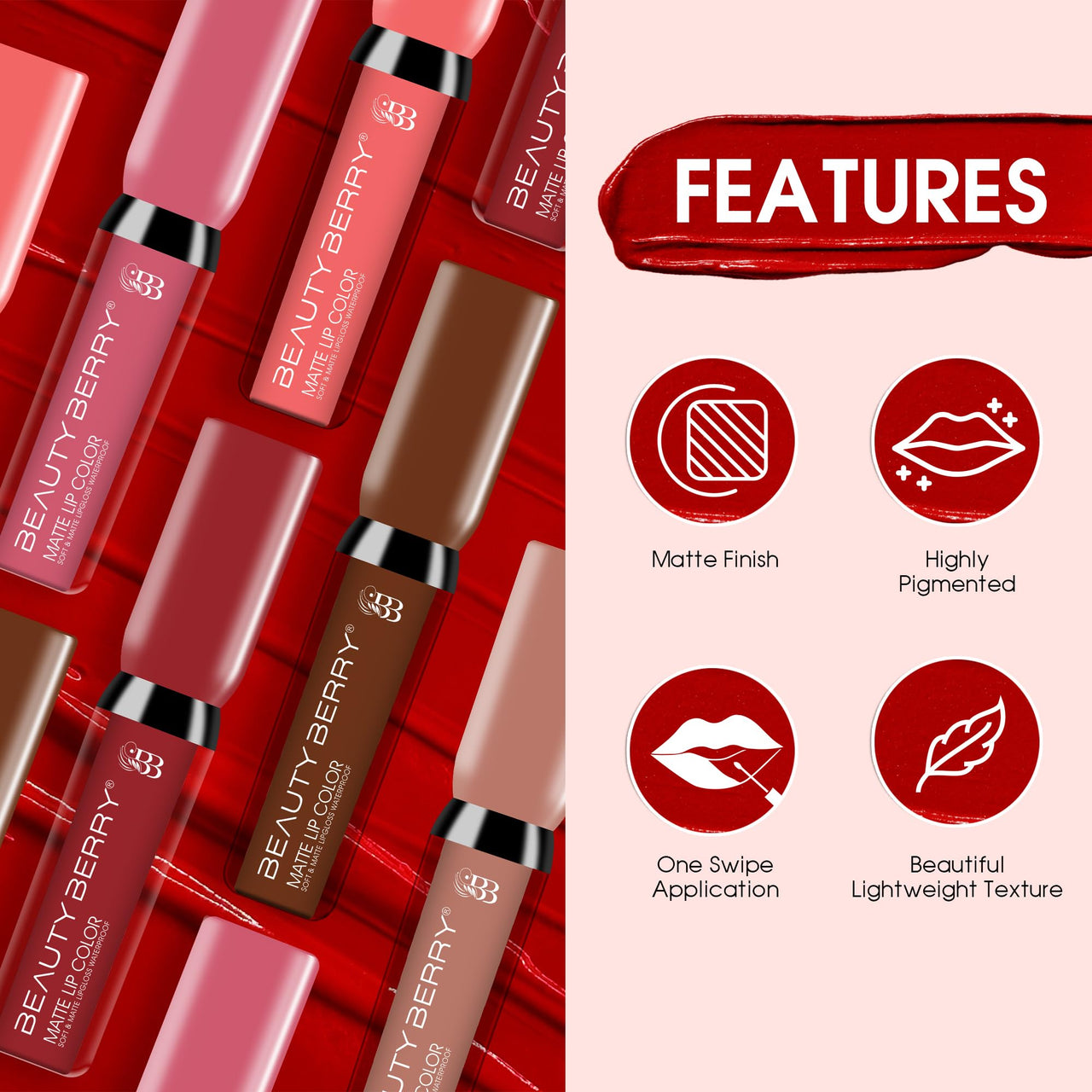 Beauty Berry Soft & Matte Waterproof Lip Color Liquid Lipstick - Rich Pigment, Long Lasting, Non-Transfer With Vitamin E (Charm-24, 1)