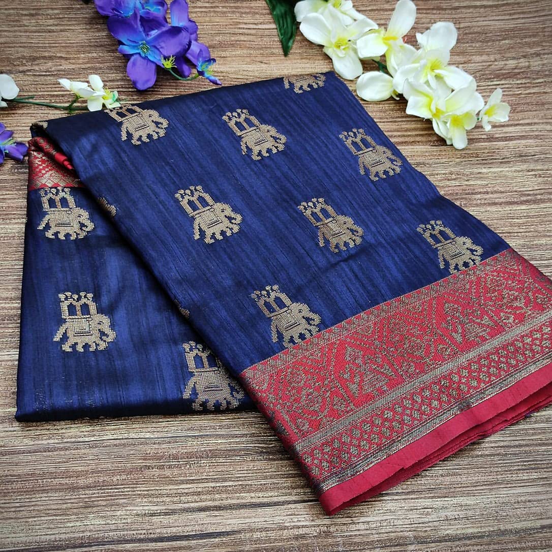 NK Textiles Women's  Elephant Motifs Woven Kanjivaram Ghicha Tussar Silk Saree with Fancy Tassels