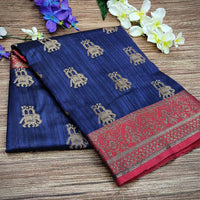 NK Textiles Women's  Elephant Motifs Woven Kanjivaram Ghicha Tussar Silk Saree with Fancy Tassels