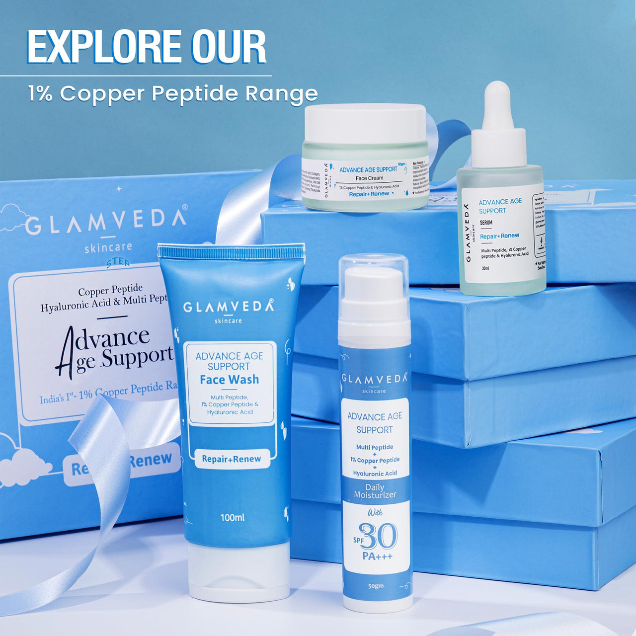 Glamveda 1% Copper peptide with Multi peptide & Hyaluronic acid Advance Age Support Face Serum | Reduces signs of ageing, Boosts collagen | Restores youthfull glow | All Skin Types