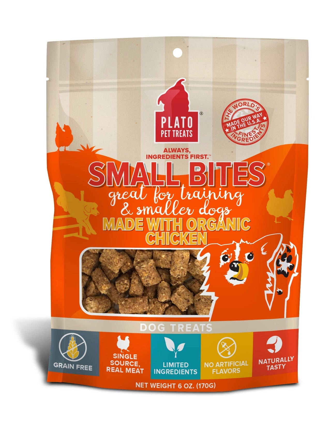 PLATO Small Bites Dog Treats, Natural Bite Sized Real Meat & Chicken Flavor, Grain Free & High in Protein, Air Dried Authentic Ingredients, 2 Calories Per Treat, Made in the USA, 6 Ounces
