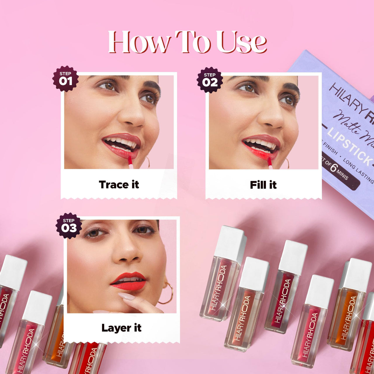 Hilary Rhoda Matte Minis Lipstick | Infused with Vitamin E, Jojoba Oil & Rosehip Oil | 12-Hour Stay | Smudge-Proof & Waterproof Lipstick | Non-Sticky | Set of 6 | 1.2 ml