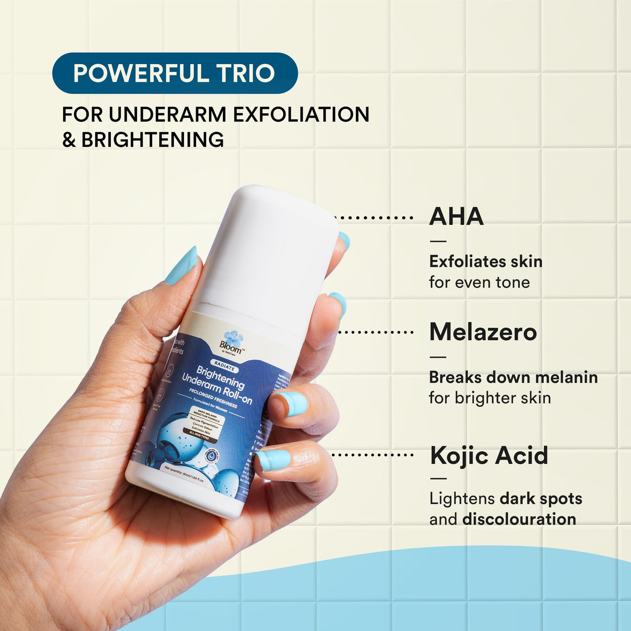 Bloom Brightening Underarm Roll | (Pack of 2) | (50ml) - With AHA, Melazaro & Kojic Acid | For Dark Underarms, Pigmentation & Odour| Rapid Melanin Reduction Formula | Zero White Cast + Bacterial Protection