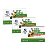 Ayouthveda Neem and Turmeric Herbal Soap | Antiseptic Bathing Soap with Natural Fragrance | Prevents Skin Disease With Neem & Turmeric | For Glowing & Acne Free Skin (Pack of 3-100g each)