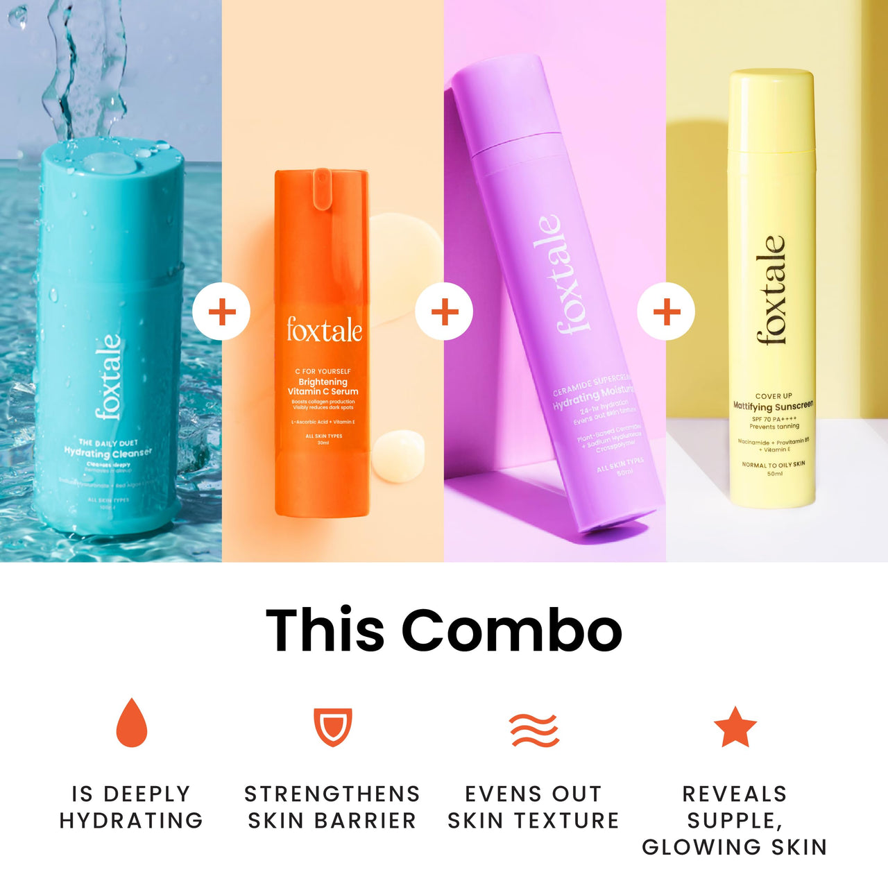 Foxtale Morning Glory Routine (Matte) Skin Care Kit | Cleanser Face Wash 100ml + Ceramide Moisturizer 50ml + Vitamin C Face Serum 30ml + Matte Finish Sunscreen 50ml