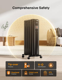 PELONIS Oil Filled Radiator, Electric Space Heater for Indoor Use Large Room with Thermostat & Remote, 3 Modes & 3 Heat Settings, ECO Mode, 24H Timer, Quiet, Overheat & Tip-Over Protection, 1500W Premium with LED Display Black