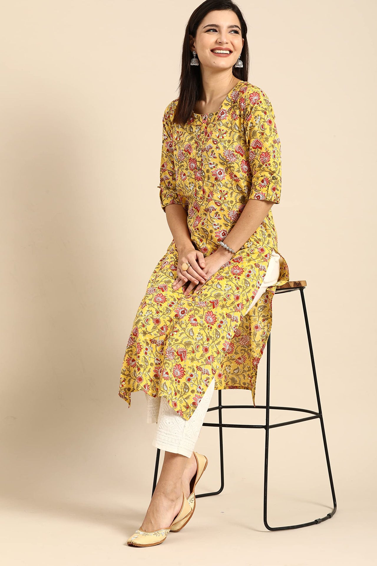 Monira Women's  Pure Cambric Cotton Kalamkari Floral Print Straight Kurti