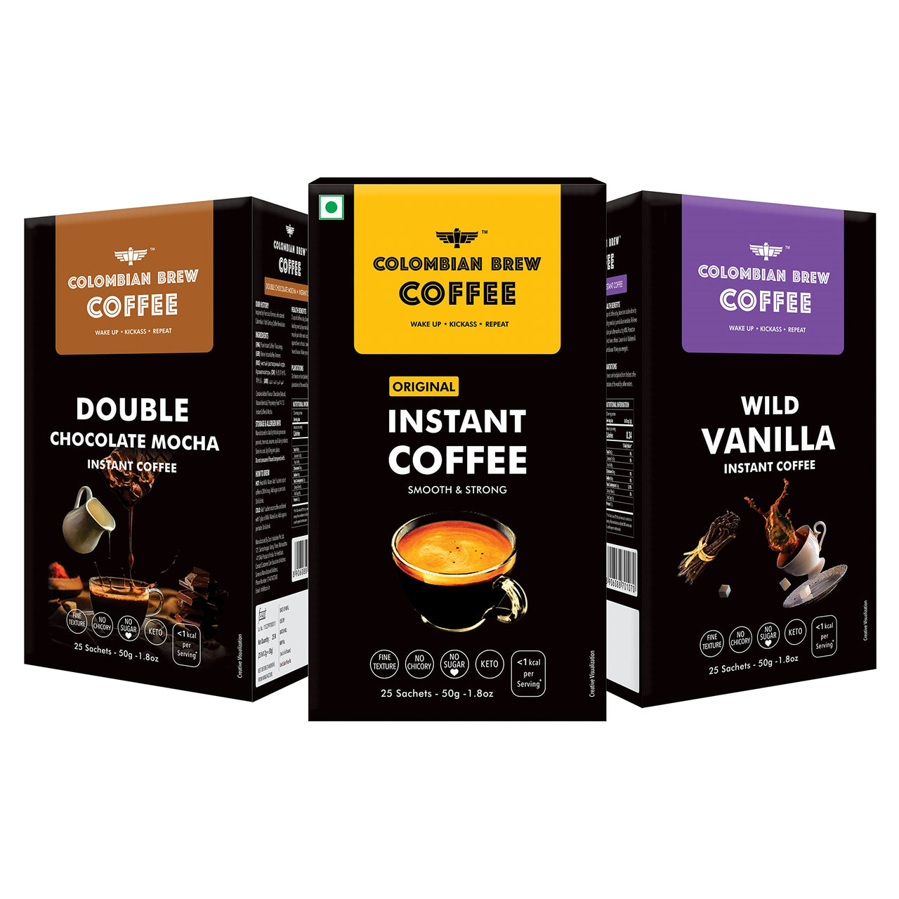 COLOMBIAN BREW COFFEE Powder Pure Instant 50 Gram, Vanilla Instant 50 Gram, Double Chocolate Mocha 50 Gram, (Gift Pack Box) Buy 2 + 1 Free