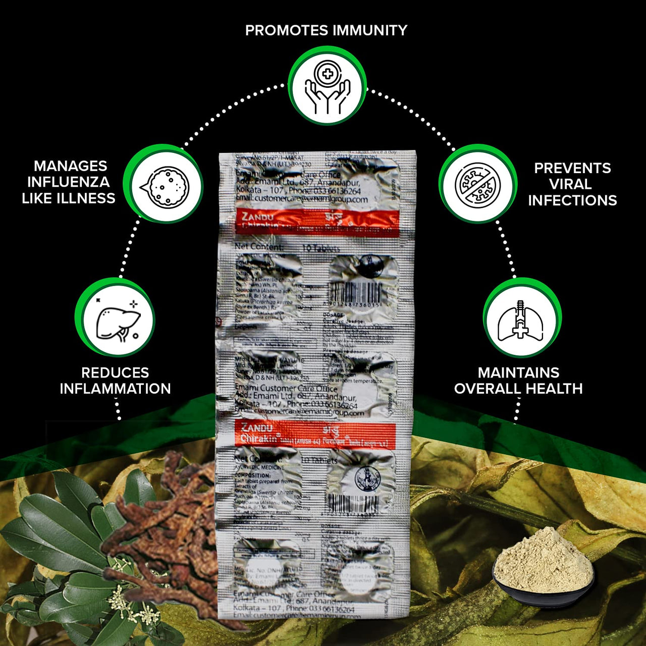 Zandu Chirakin Tablets (Ayush 64), Protection from Infections and Antiviral Properties, Helps in Managing & Building Overall Immunity, Health & Wellness - (Pack of 10 Tablets x 12 Strips)
