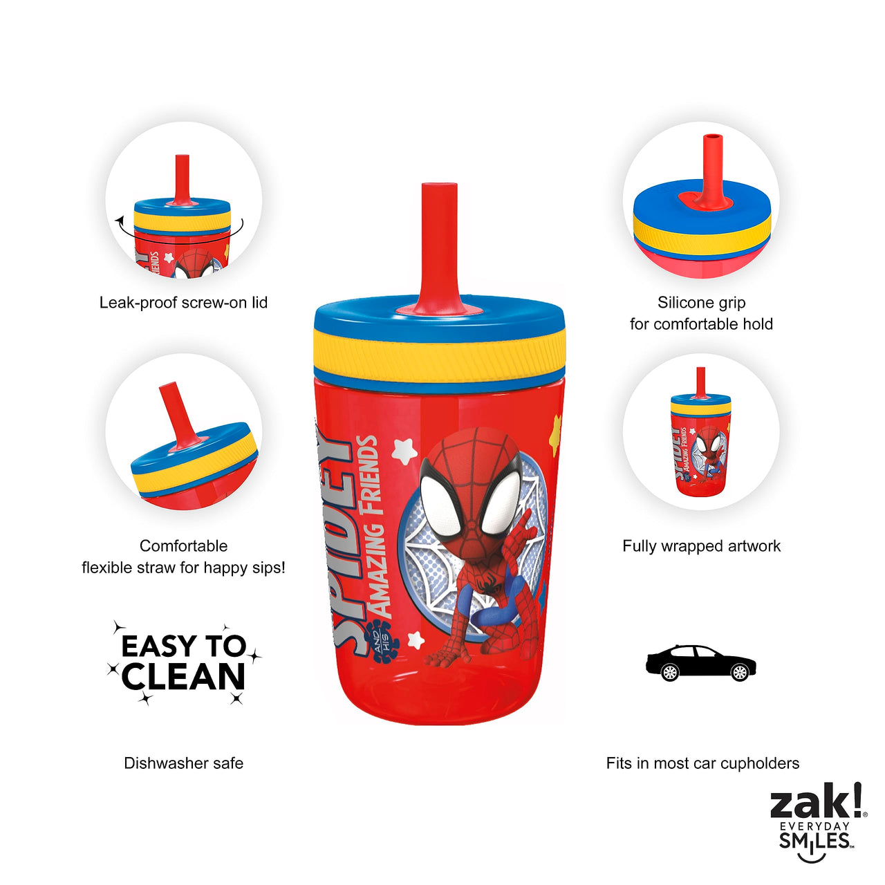 Zak Designs Spidey and His Amazing Friends Kelso Tumbler Set, Leak-Proof Screw-On Lid with Straw, Bundle for Kids Includes Plastic and Stainless Steel Cups with Bonus Sipper, 3pc Set, Non-BPA Classic