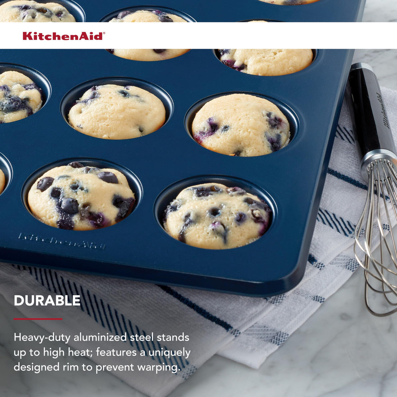 KitchenAid 12-Cup Nonstick Swiss Engineered Aluminized Steel Muffin Pan, Dishwasher Safe, Ink Blue 12 Cup