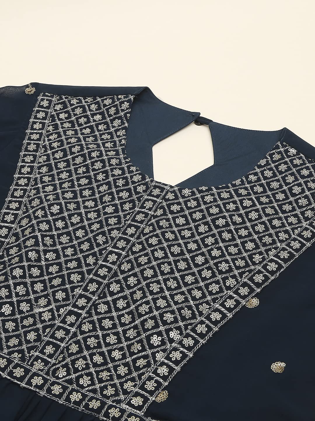 madhuram Women and Girls Fox Georgette Boat Neck with 3/4 Sleeve and Sequence Embroidery Lace Work Anarkali Gown