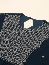 madhuram Women and Girls Fox Georgette Boat Neck with 3/4 Sleeve and Sequence Embroidery Lace Work Anarkali Gown