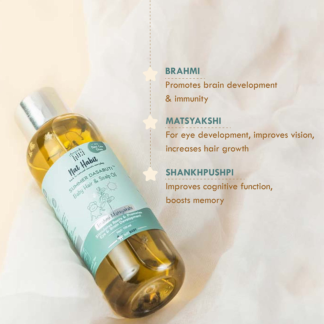 Nat Habit Summer Baby Scalp & Hair Oil with Brahmi Matsyakshi Dasabuti, Cools Body & Aids Good Sleep - 110ml