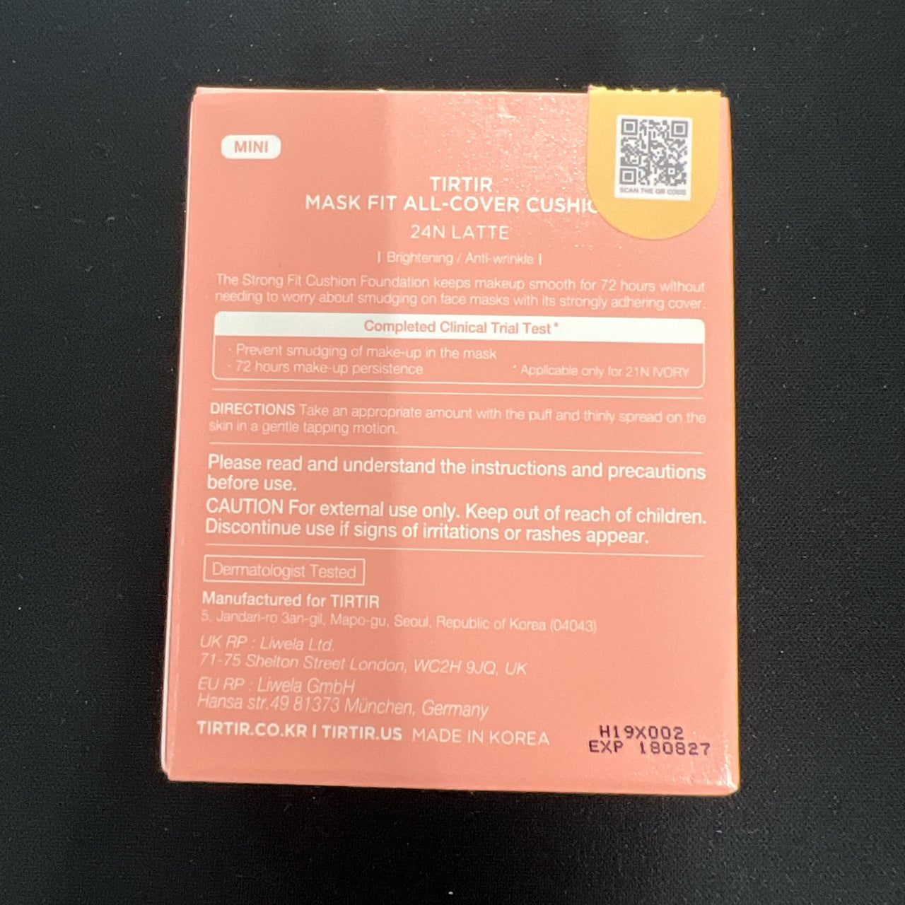 TIRTIR Mask All-Cover Cushion Foundation, Full coverage, Skin fit, Satin Glow Finish, Korean Cushion Foundation #24N LATTE, 4.5g