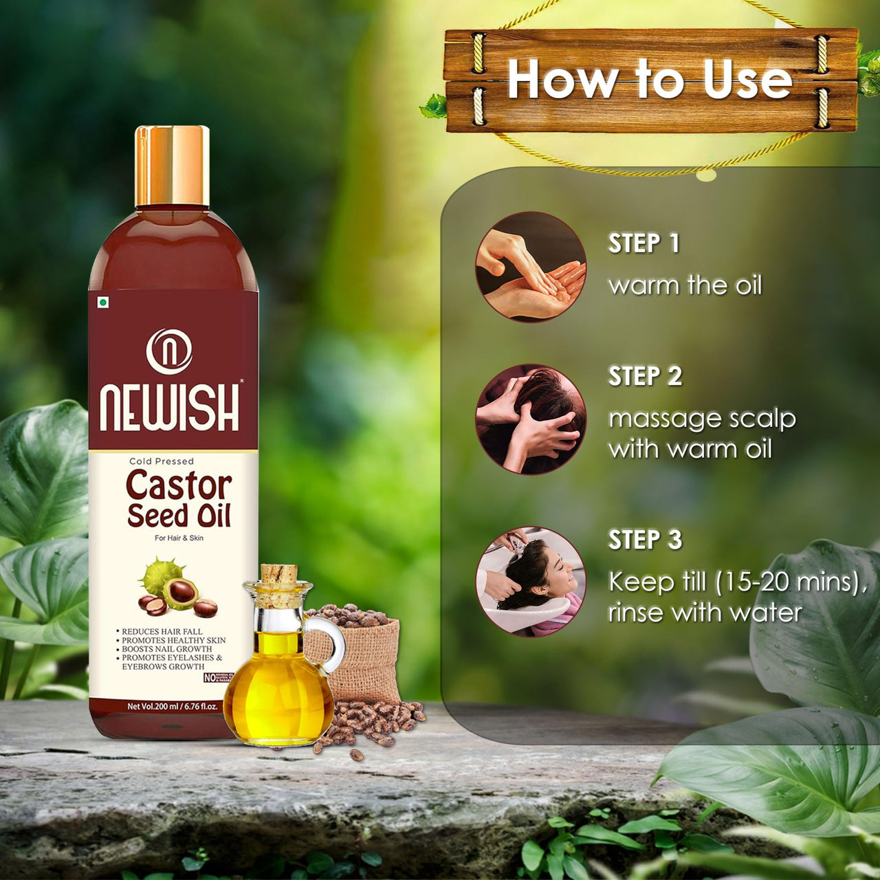 Newish Cold Pressed Castor Oil for Hair Growth, Skin & Eyebrows |Pure & Organic Arandi Oil |Promotes Thicker, Longer Hair & Repairs Cracked Heels - 200ml