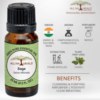 ALL NATURALS Sage Essential Oil 15ml (Kashmir) 100% Pure Undiluted for Aromatherapy, Vastu, Positivity & Clear Breathing