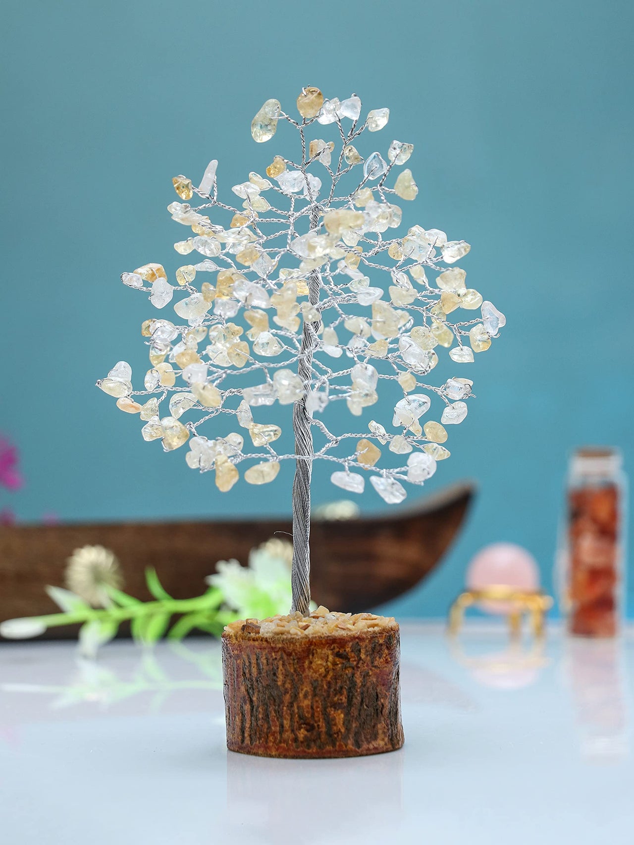 Citrine Chakra Tree of Life - Crystal Tree for Positive Energy, Handmade Gemstone Tree, Feng Shui Decor - Good Luck Money Tree Bonsai, Healing Crystals, Home Decoration, Spiritual Mystical Gift Citrine (Silver Wire)
