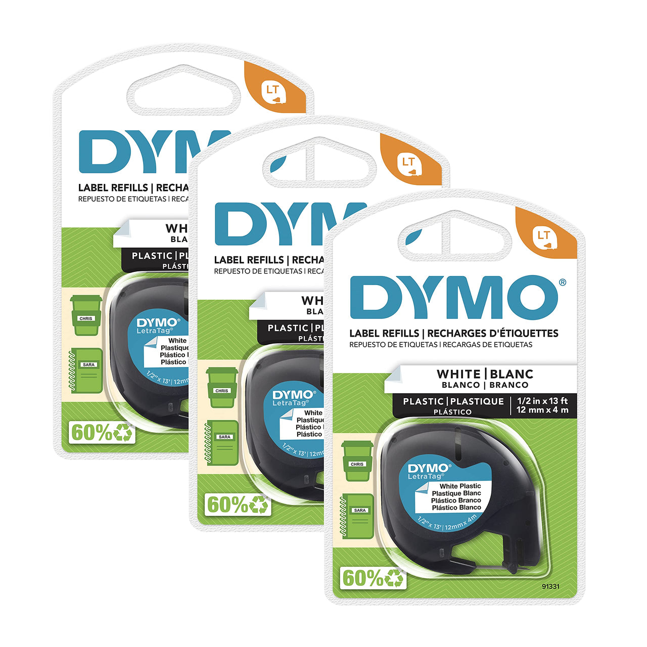 DYMO LT Plastic Labels for LetraTag Label Makers, Black Print on White Labels, 1/2-Inch x 13-Foot Rolls, 3 Count Plastic Black on White