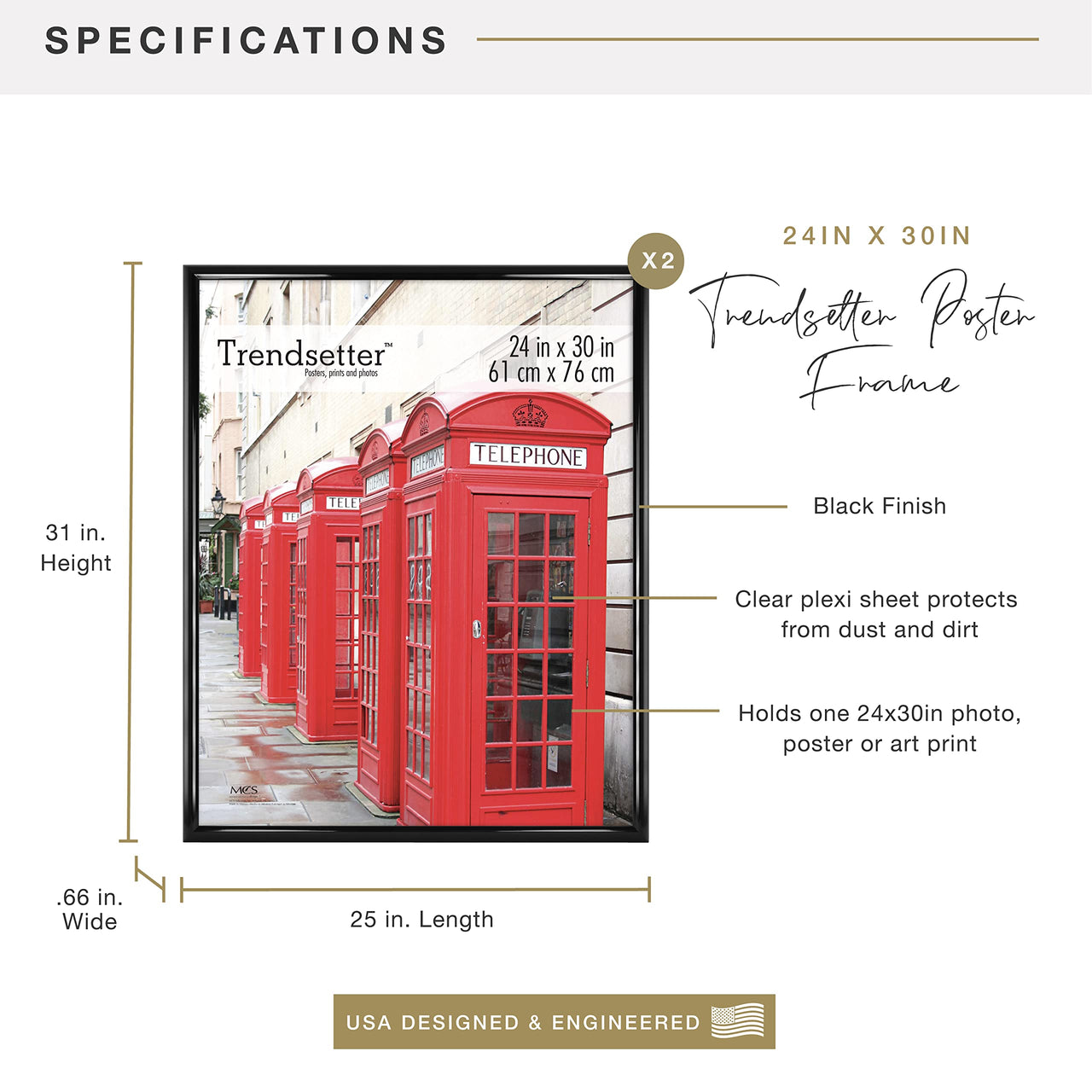 MCS Trendsetter 20x28 Poster Frame Black High-Gloss, Vertical & Horizontal Wall Hanging Large Picture Frame for Photos, Posters & Art Prints (1-Pack) 20 x 28 in Single