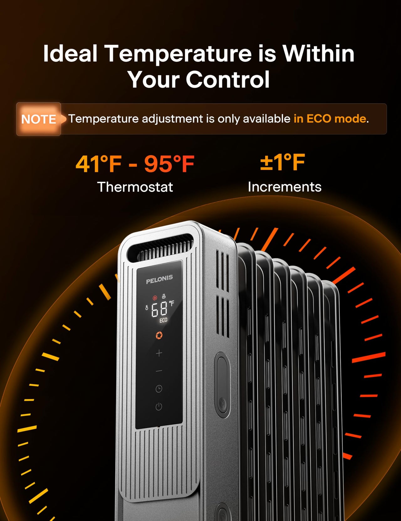 PELONIS Oil Filled Radiator, Electric Space Heater for Indoor Use Large Room with Thermostat & Remote, 3 Modes & 3 Heat Settings, ECO Mode, 24H Timer, Quiet, Overheat & Tip-Over Protection, 1500W Premium with LED Display Black