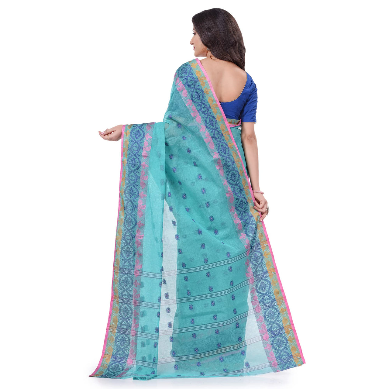 dB DESH BIDESH Women`s Traditional Bengal Tant Tri Leaf Woven Design Pure Handloom Cotton Saree Without Blouse Piece