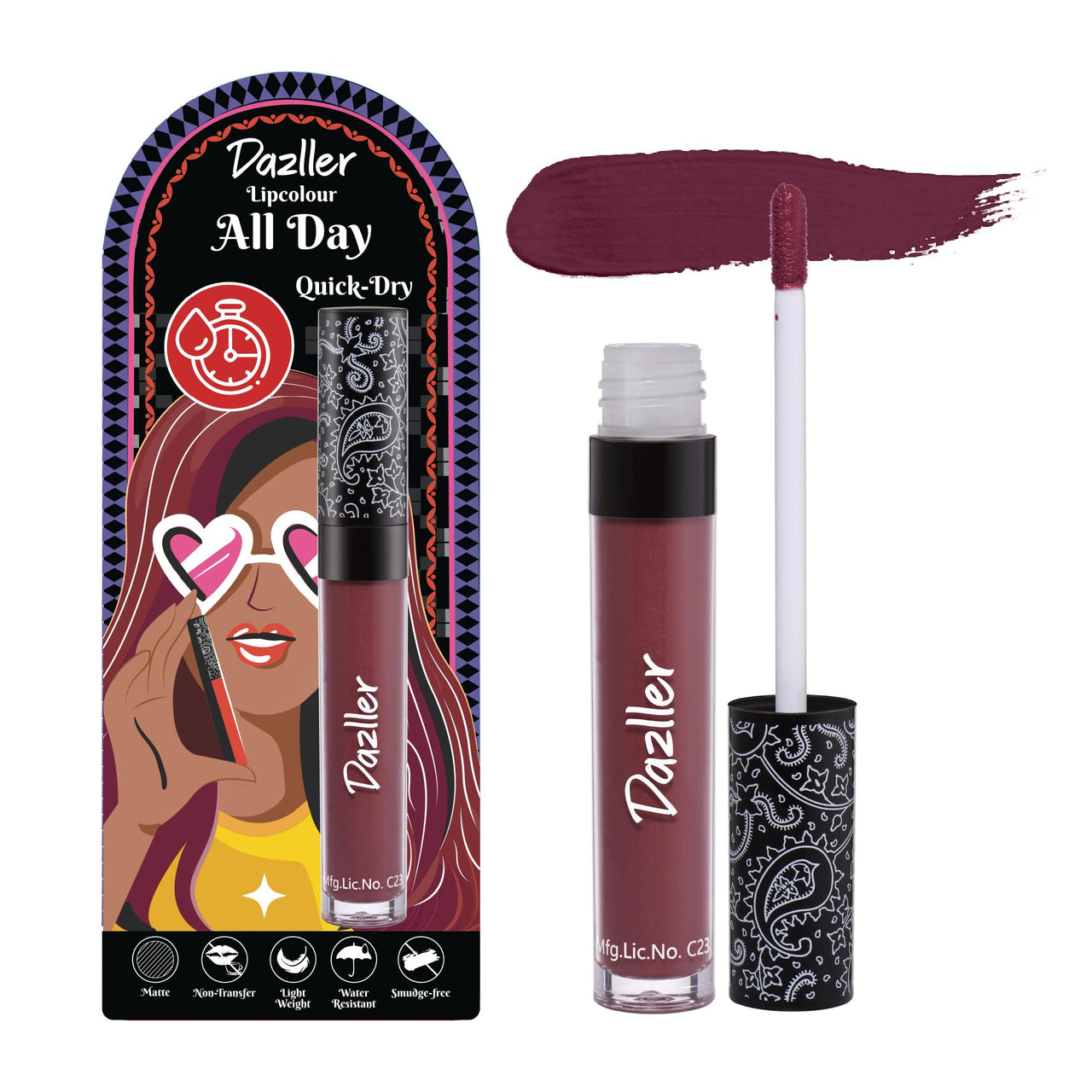 Dazller All Day Lip Colour Quick Dry | Long-Stay | Lightweight | Matte Lipstick for Women | Enriched with Kokum Butter 6g (QDLC004 - Burgundy, Quick Dry)