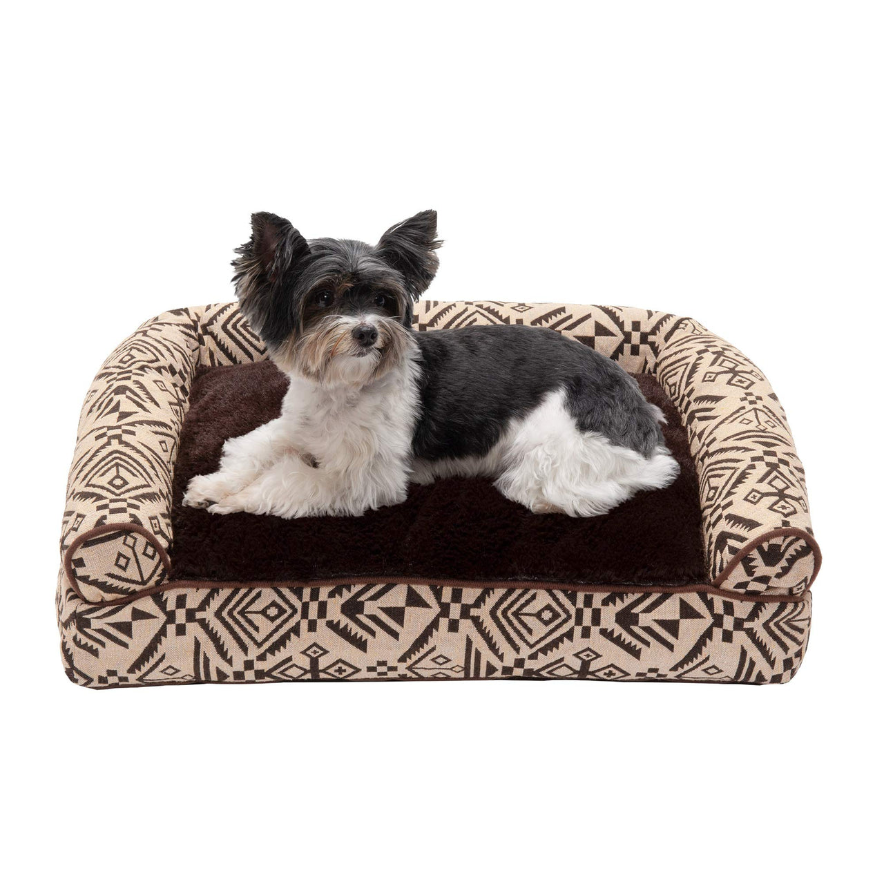 Furhaven Pillow Dog Bed for Small Dogs w/ Removable Bolsters & Washable Cover - Plush & Southwest Kilim Woven Decor Sofa - Desert Brown, Small